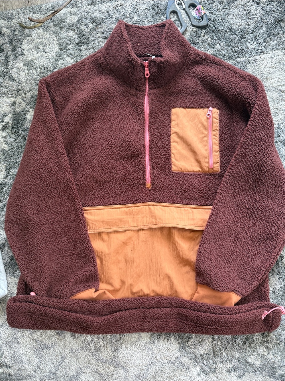 aerie Cozy Half-Zip Sherpa Pullover in Burgundy with Rust Accents